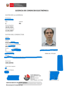 Walter's official Peruvian driver’s license showing legal authorization to operate a taxi in Lima, redacted for privacy